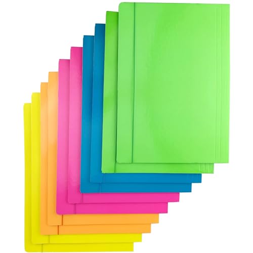 D.RECT 10 Stück (2 Stück Pro Farbe 5x2) FLUO Sammelmappe Aus Karton | Einschlagmappe Mit Gummi | Mappe Mit Gummiband Für Din A4 | 3 Klappen 350g, Schnellhefter Bunt Sortiert von D.RECT