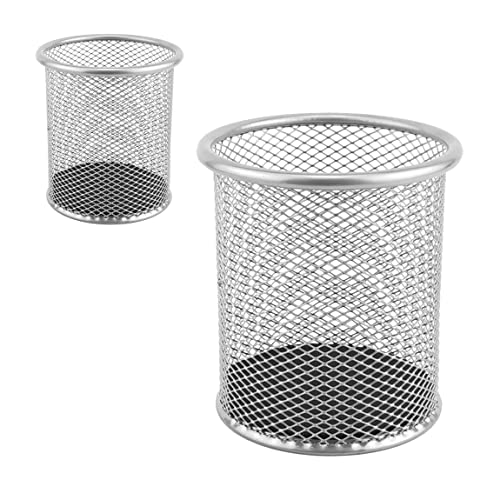 D.RECT - 2 Stück - Metall Stifteköcher | Stiftehalter rund aus Drahtmetall | Mesh Multifunktions Becher für Kugelschreiber Ø91 mm Silberfarben von D.RECT