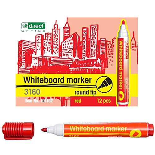 D.RECT 3160 Whiteboard Marker für Whiteboards und Flipcharts, abwischbar Glasboard Marker Rundspitze Rot 12 Stück von D.RECT