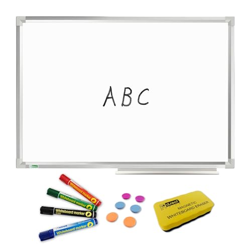 D.RECT Magnetisches Whiteboard SET mit Aluminiumleisten trocken abwischbar 60 x 45 cm Stiftablage und abwischbar Marker Rundspitze 4er Set 12 Stück Starke Tafelmagnete Whiteboard Schwamm von D.RECT