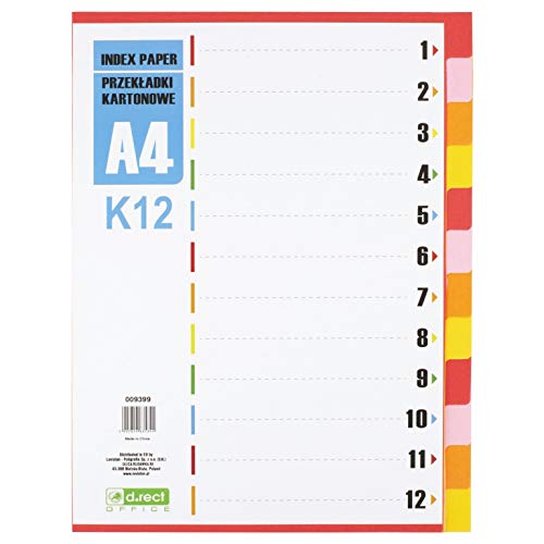 D.RECT Register für A4, K12, 12 Trennblätter, Ringbuchregister, Taben mit Zahlenaufdruck 1-12, Mehrfarbig, Farb-Trenner aus Karton von D.RECT