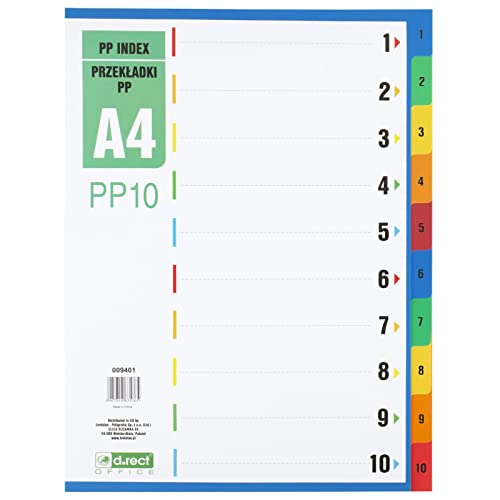 D.RECT Register für A4, PP10, 10 Trennblätter, Ringbuchregister, Taben mit Zahlenaufdruck 1-10, Mehrfarbig, Farb-Trenner aus PP, Polypropylen von D.RECT