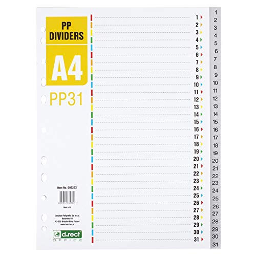 D.RECT Register für A4, PP31, 31 Trennblätter, Ringbuchregister, Taben mit Zahlenaufdruck 1-31, Grau, Farb-Trenner aus PP, Polypropylen von D.RECT