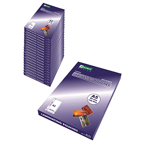 D.RECT Verpackung 20x100 Stück | Laminierfolien Heißlaminierfolien glänzend transparent | DIN A5 80 Mikron von D.RECT
