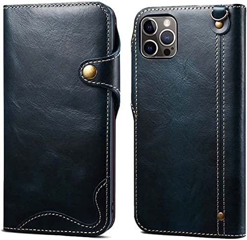 DAIKMZ Retro-Folio-Handyhülle Geldbörse, echtes Leder, stoßfeste Klapphülle Brieftasche [Kartenhalter] für Apple iPhone 14 Pro Max (2022) 6,7 Zoll (Farbe: Blau) von DAIKMZ