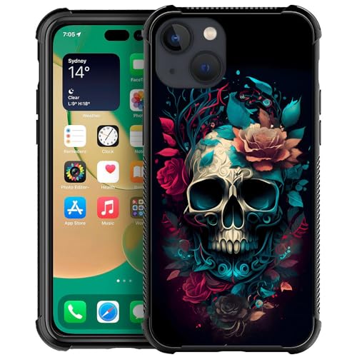 DAIZAG Kompatibel mit iPhone 13 Hülle, Totenkopf mit Blumen Hüllen für Mädchen Jungen mit Stoßstange, rutschfest, stoßdämpfend, weiche TPU-Schutzhülle für iPhone 13, 15,5 cm (6,1 Zoll) von DAIZAG