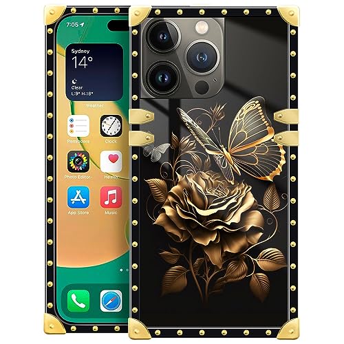 DAIZAG Kompatibel mit iPhone 15 Pro Max Hülle, Schmetterling stehend auf goldener Blume für Mädchen und Frauen, quadratische Retro-Metall-Ecke, Dekoration, stoßfest, kratzfest, Abdeckung für iPhone 15 von DAIZAG