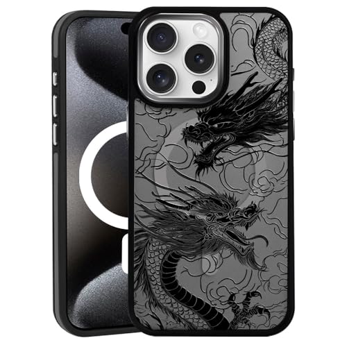 DAIZAG Magnetische Hülle für iPhone 16 Pro Max, [rundum stoßfeste Ecken] [Kompatibel mit MagSafe], Schwarz Durchscheinend Matt Cover, Dragons Black von DAIZAG