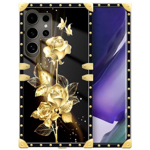 DAIZAG Schutzhülle für Samsung Galaxy S24 Ultra, goldener Blumenstrauß, quadratisch, goldfarbene Dekoration, kratzfest, für Mädchen und Damen, für Samsung Galaxy S24 Ultra von DAIZAG