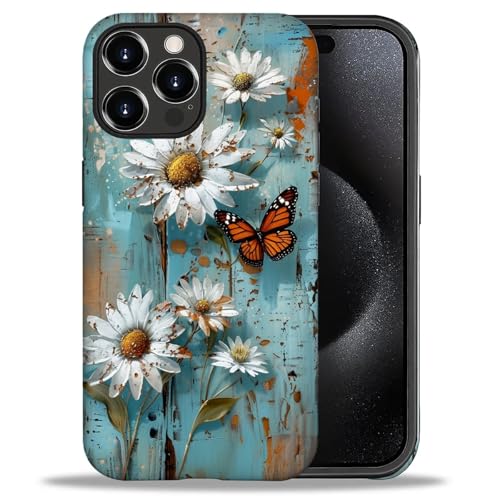 DAIZAG Kompatibel mit iPhone 16 Pro Hülle, Blumen auf dem gestreiften Brett, Vollmuster, Kunststoff, TPU, Hybrid-Hartschale + Silikon-Schutzhülle für iPhone 16 Pro von DAIZAG