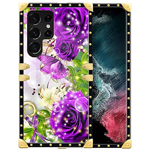 DAIZAG Schutzhülle kompatibel mit Samsung Galaxy S22 Ultra, Natur-Schmetterling, Violette Rosen, quadratisch, weiche TPU-Kanten, Hülle für Samsung Galaxy S22 Ultra, Metalldekoration, Ecke, S22 Ultra von DAIZAG