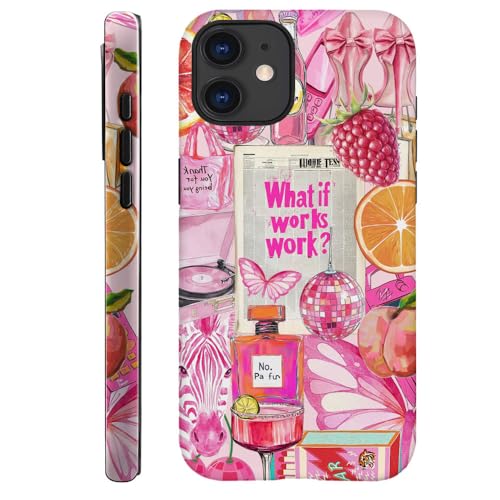 DAIZAG Schutzhülle kompatibel mit iPhone 11, strapazierfähiger Stoßschutz für Mädchen und Damen, rosa Erdbeer-Schmetterlings-Disco-Collage von DAIZAG