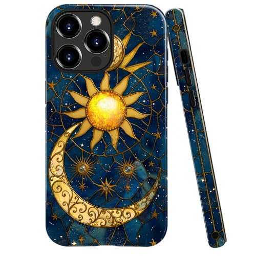 DAIZAG Schutzhülle kompatibel mit iPhone 11 Pro, glänzend, langlebig, stoßfest, für Mädchen und Frauen, Buntglas, Sonne, Mond, blaue Sterne von DAIZAG