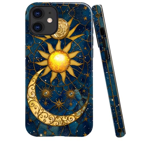 DAIZAG Schutzhülle kompatibel mit iPhone 12, glänzend, langlebig, stoßfest, für Mädchen und Frauen, Buntglas, Sonne, Mond, blaue Sterne von DAIZAG