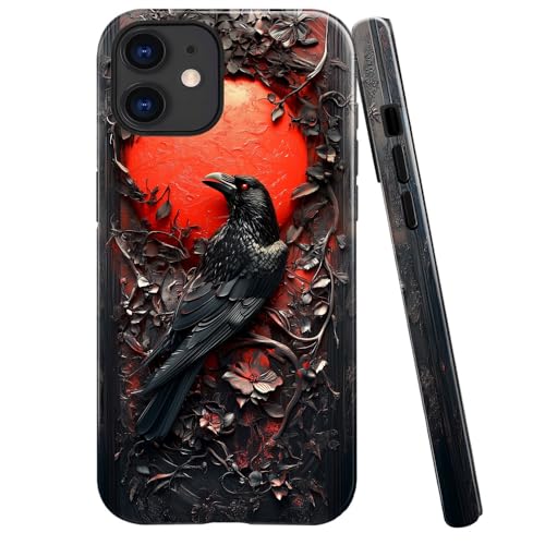 DAIZAG Schutzhülle kompatibel mit iPhone 12, glänzend, langlebig, stoßfest, für Mädchen und Frauen, Krähe, Vogel, Mond, Gothic, dunkles Holz von DAIZAG