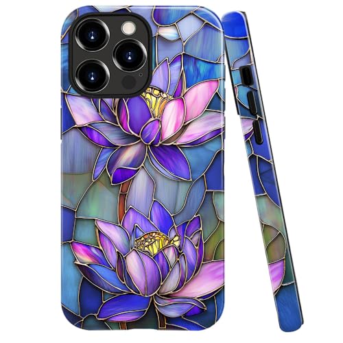 DAIZAG Schutzhülle kompatibel mit iPhone 12 Pro, glänzend, langlebig, stoßfest, für Mädchen und Frauen, Buntglas, lila Lotusblumen von DAIZAG