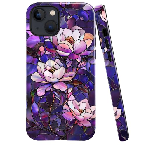 DAIZAG Schutzhülle kompatibel mit iPhone 13, glänzend, langlebig, stoßfest, für Mädchen und Damen, Buntglas, blühende Blume, Violett von DAIZAG
