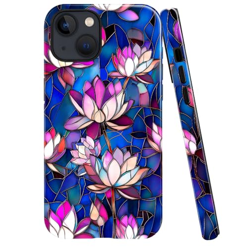 DAIZAG Schutzhülle kompatibel mit iPhone 13, glänzend, langlebig, stoßfest, für Mädchen und Frauen, Lotusblumen, ästhetisches Buntglas von DAIZAG