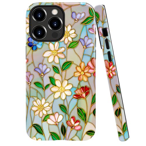 DAIZAG Schutzhülle kompatibel mit iPhone 14 Pro, glänzend, langlebig, stoßfest, für Mädchen und Frauen, Wildblumen-Buntglas von DAIZAG