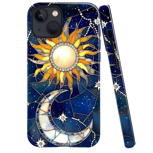 DAIZAG Schutzhülle kompatibel mit iPhone 15, glänzend, langlebig, stoßfest, für Mädchen und Frauen, Buntglas, blaue Sterne und Mond von DAIZAG
