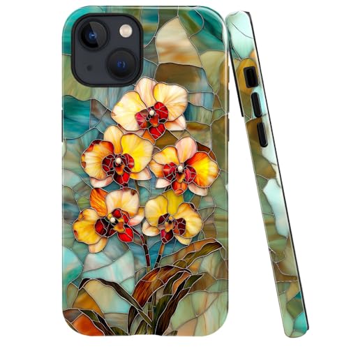 DAIZAG Schutzhülle kompatibel mit iPhone 15 Plus, glänzend, langlebig, stoßfest, für Mädchen und Frauen, Orchideenblume, Buntglas von DAIZAG
