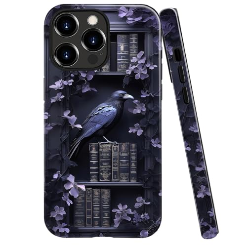 DAIZAG Schutzhülle kompatibel mit iPhone 15 Pro, glänzend, langlebig, stoßfest, für Mädchen und Frauen, Raben-Bücherregal, dunkle Krähe von DAIZAG