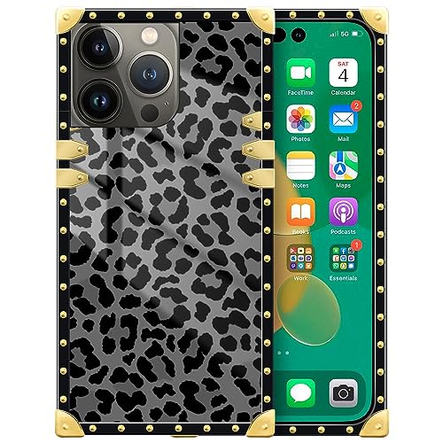 DAIZAG Schutzhülle kompatibel mit iPhone 15 Pro Max, B Schwarz Leopard Quadratisch Hülle Luxus Elegant Frauen Mädchen Metall Dekoration Ecke Klassisch Retro Weiche TPU Hülle für iPhone 15 Pro Max von DAIZAG