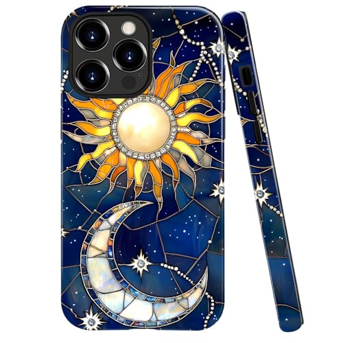 DAIZAG Schutzhülle kompatibel mit iPhone 15 Pro Max, glänzend, langlebig, stoßfest, für Mädchen und Frauen, Buntglas, blaue Sterne und Mond von DAIZAG