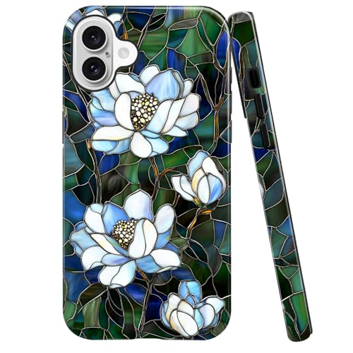DAIZAG Schutzhülle kompatibel mit iPhone 16 Plus, glänzend, langlebig, stoßfest, für Mädchen und Damen, Buntglas, grüne Lotusblüte von DAIZAG