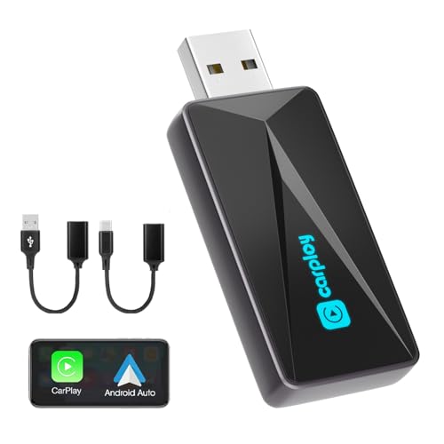 DAJASD Carplay Wireless Adapter, 2 IN 1 Android Auto & Carplay Adapter mit Farbige Lichter, Typ-C/USB Plug & Play, Mini Stabil Car Connect Pro Kompatibel mit Autos ab 2015 & iPhone iOS 10+ von DAJASD