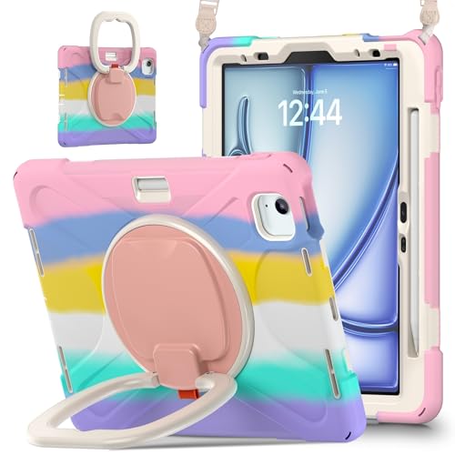 Kompatibel mit iPad Air 27,9 cm (11 Zoll) (M3 2025 7. / M2 2024 6. Generation), 360 Grad drehbarer Multifunktions-Griff, Ständer + Schultergurt, stabile Schutzhülle (buntes Rosa) von DAJIETOU