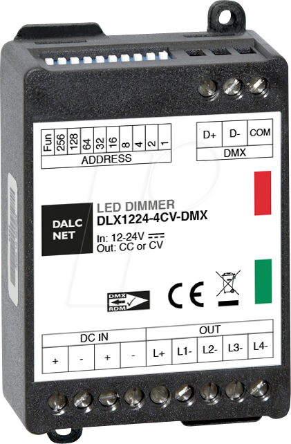 DLX1224-4CV-DMX - LED-Dimmer, PWM, 12V-24V, 5 A CV, DMX, 4 Ausgänge DLX1224-4CV-DMX - LED-Dimmer, PWM, 12V-24V, 5 A CV, DMX, 4 Ausgänge von DALCNET