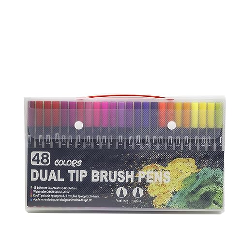 DAM Set 48 Filzstifte BLACK LINE Farbe Doppelspitze, feine Spitze 0,4 mm und professionelle Aquarellpinselspitze, ergonomische runde Form zum Schreiben 1 x 1 x 16 cm, Farbe: Kuh Braun von DAM