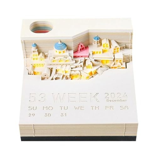 Zeitmesser-Kalender 2024, 3D-Kunstkalender, Notizblock mit LED-Licht, kreativer Zeitmesser, Kalender, Santorini, reißt weg, Papierschnitzerei, Haftnotiz, 3D-Papier-Bastelkalender von DAMLUX