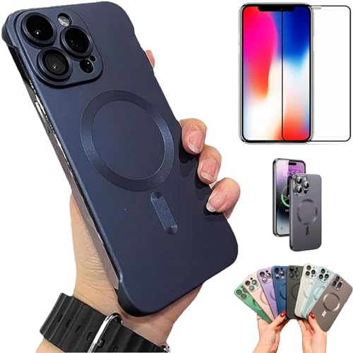 Frameless Magnetic Adsorption Bare Phone Sensation Case, Metallic Paint Frameless Magnetic Phone Case, Matte PC Ultra Thin Borderless Magnetic Phone Case with Lens Protect (15 Plus,Dark Blue) von DANC