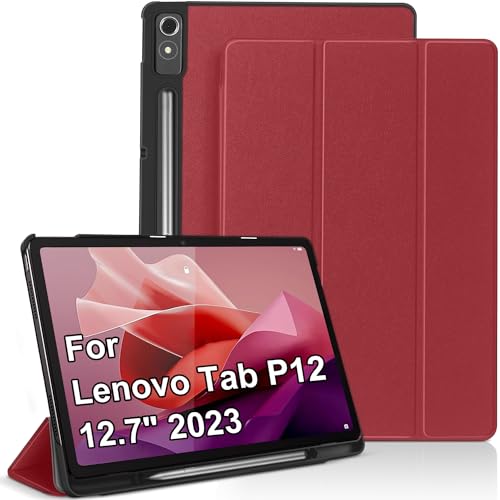 DAORANGE Hülle für Lenovo Tab P12 12,7 Zoll mit Stifthalter, Ultra Dünn Tri-Fold Ständer Smart Schutzhülle mit Auto Schlaf/Wach für Lenovo Tab P12 12.7 Zoll Tablette 2023 (Rot) von DAORANGE