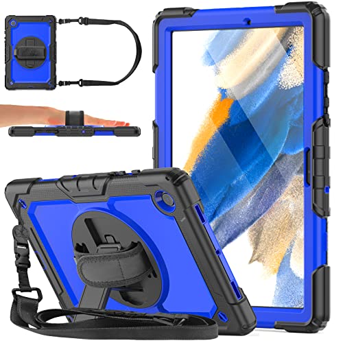DAORANGE Hülle für Samsung Galaxy Tab A8 10.5 2021 (SM-X200/SM-X205/SM-X207), Stoßfeste Schutzhülle mit Displayschutzfolie, 360° Drehbar Stand, Handgurt&Schultergurt für Galaxy Tab A8 (Schwarz/Blau) von DAORANGE