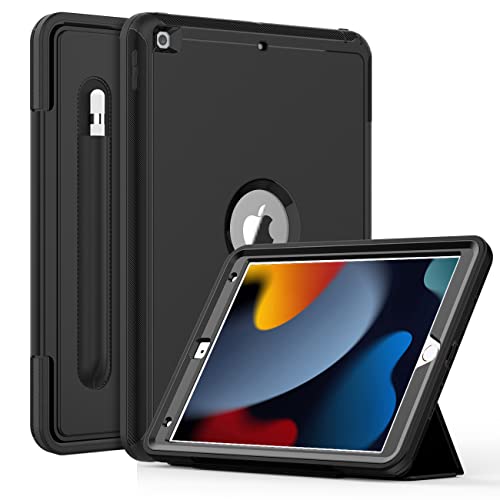 DAORANGE Hülle für iPad 9. 8. 7. Generation (10,2 Zoll, Modell 2021 2020 2019), Stoßfeste Schutzhülle mit Stifthalter und Auto Schlaf/WachenFunktion für iPad 9/8/7 (Schwarz) von DAORANGE