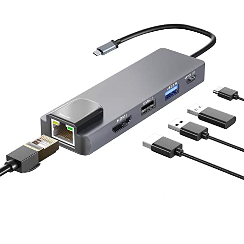 DAPOKJD USB-C-Hub, HDMI-Typ-C-Adapter, 5-in-1-Typ-C-Konverter (HDMI 4K-Ethernet, USB 3.0 + 2.0 PD100W Eingang), USB-C-Dockingstation, Typ-C-Multiport-Dongle, kompatibel mit von DAPOKJD