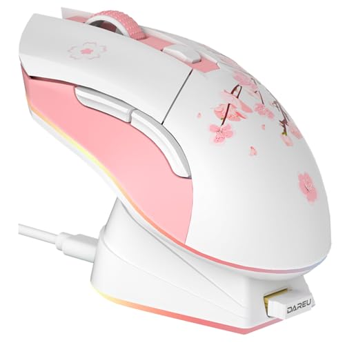 DAREU Sakura Pink Gaming Maus Kabellose mit Magnetic Charging Dock Wiederaufladbar RGB,12K DPI, 7 Programmierbare Tasten, Hochpräziser Sensor 300IPS 1000Hz für PC Notebook Mac von DAREU