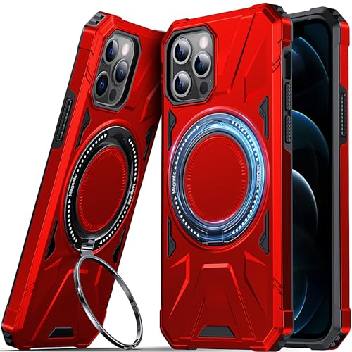 DASFOND Armor Hülle für iPhone 12/12 Pro Case Militär Stoßfest Handyhülle [Upgrade 2.0] Metal Ring Halter Ständer Schutzhülle [Kompatibel mit MagSafe], Rot von DASFOND