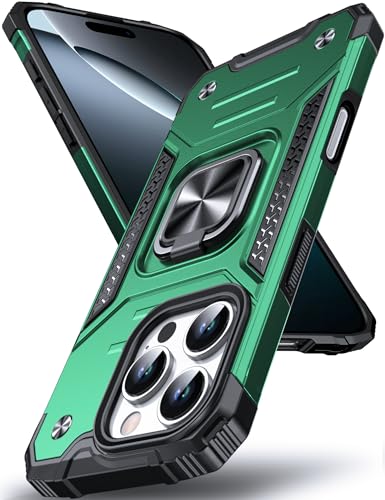 DASFOND Armor Hülle für iPhone 16 Pro Case, Stoßfeste Militär Handyhülle [Upgrade 2.0] 360 Grad Metall Ring Halter Ständer Schutzhülle, Dunkelgrün von DASFOND