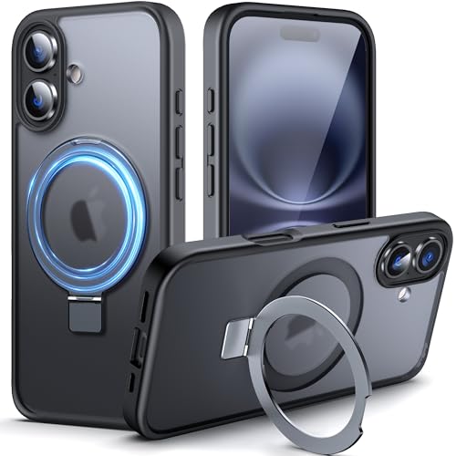 DASFOND für iPhone 16 Hülle mit MagStänder, [Kompatibel mit MagSafe] Militär Handyhülle Stoßfest und Kratzfest, Magnetische Matte Case Schutzhülle mit Ringhalter, Schwarz von DASFOND