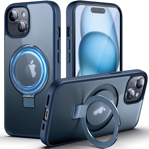 DASFOND Mag-Stand Schutzhülle für iPhone 15, 2023 [All-in-1] [kompatibel mit MagSafe], unsichtbarer Ringständer, transparente, matte Handyhülle für iPhone 15, 15,5 cm (6,1 Zoll), Blau von DASFOND