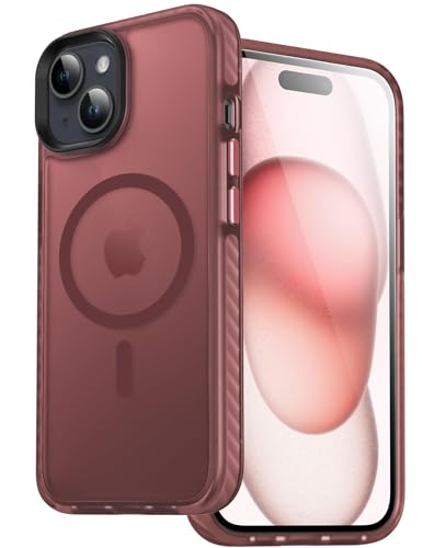 DASFOND für iPhone 15 Hülle, [Kompatibel mit MagSafe ] Magnetisch Handyhülle Transparente Matt Rückseite Dünn stoßfesten Streifen Schutzhülle Case, Dunkelrot von DASFOND
