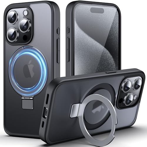 DASFOND für iPhone 15 Pro Hülle mit MagStänder, [Kompatibel mit MagSafe] Militär Handyhülle Stoßfest und Kratzfest, Magnetische Matte Case Schutzhülle mit Ringhalter, Schwarz von DASFOND