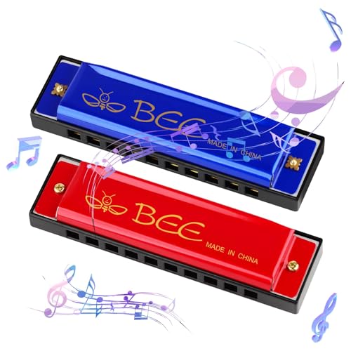 2 Stück Mundharmonika, 10 Löcher 20 Töne Blues Mundharmonika Tonart C Diatonische Mundharmonika Perfektes Musikgeschenk für Kinder Erwachsene Anfänger und Interpreten (Rot Blau) von DASHUAIGE