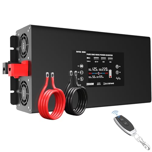 2000W Wechselrichter Reiner Sinus 12v auf 230v - Fernbedienung Spannungswandler mit 3 USB Ports 2 EU-Steckdosen & Type-C von DATOUBOSS