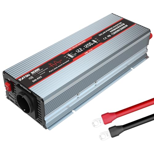 DATOUBOSS 1200W Wechselrichter 12V Auf 230V Reiner Sinus Spannungswandler Spitzenleistung 2500W Mit EU Steckdosen, USB Ausgang Und LED-Anzeige Für Haushaltsgeräte KFZ Wohnwagen LKW(Grau) von DATOUBOSS