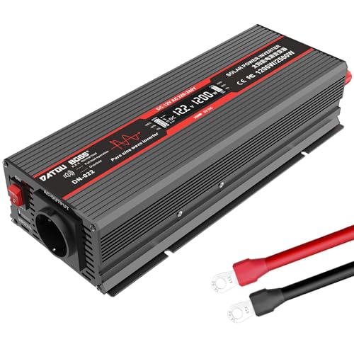 DATOUBOSS 1200W Wechselrichter 12V Auf 230V Reiner Sinus Spannungswandler Spitzenleistung 2500W Mit EU Steckdosen, USB Ausgang Und LED-Anzeige Für Haushaltsgeräte KFZ Wohnwagen LKW von DATOUBOSS